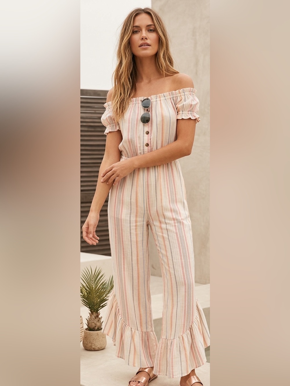 Vintage Havana Cream and Pink Striped Off-Shoulder Jumpsuit size medium